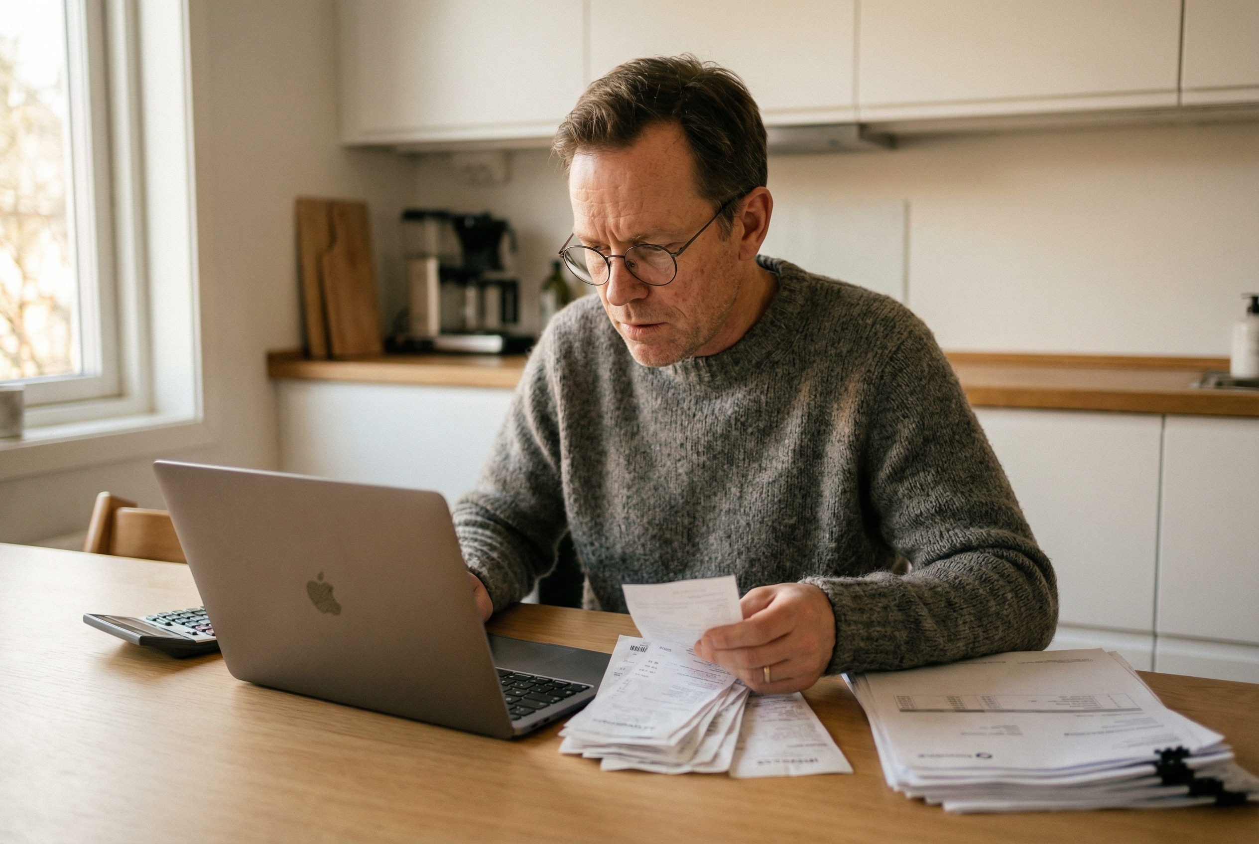 Mann gjennomgår kvitteringer og dokumenter for momskompensasjon