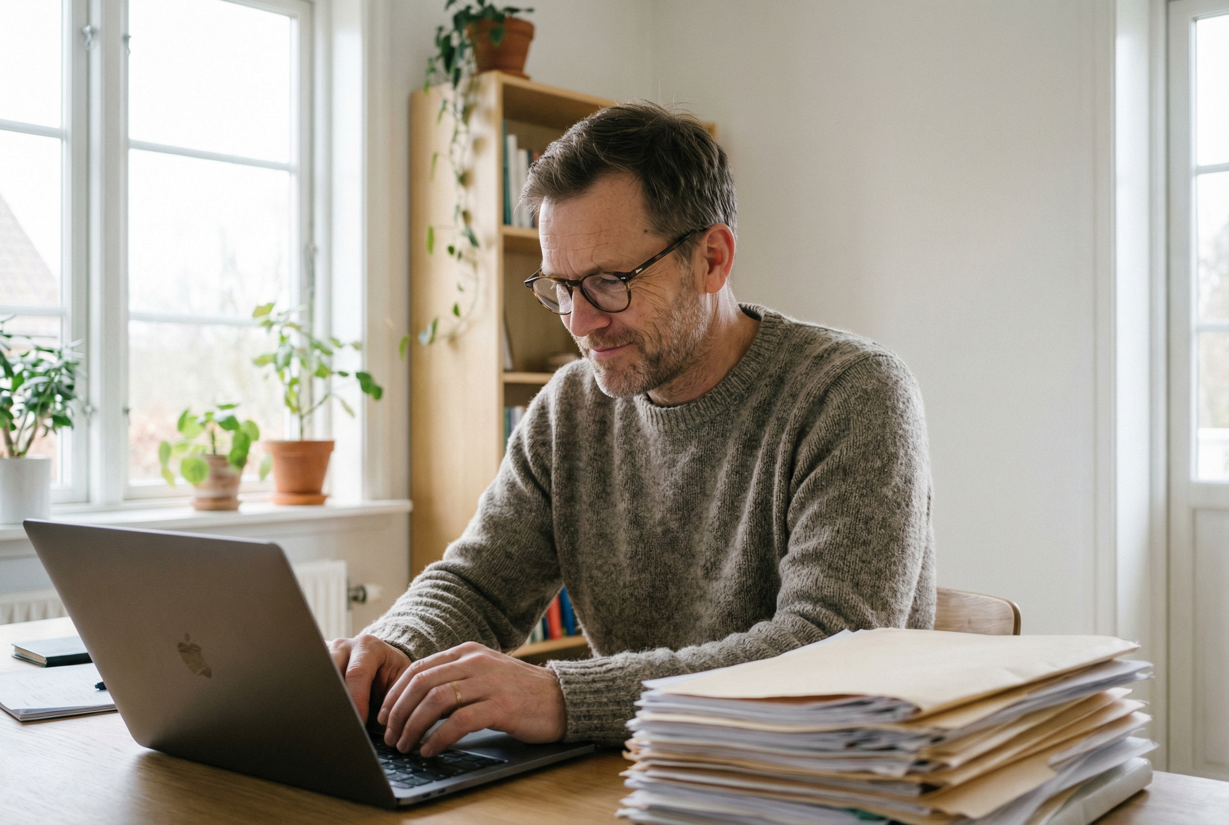 Mann jobber med tilskuddssøknad på laptop hjemme