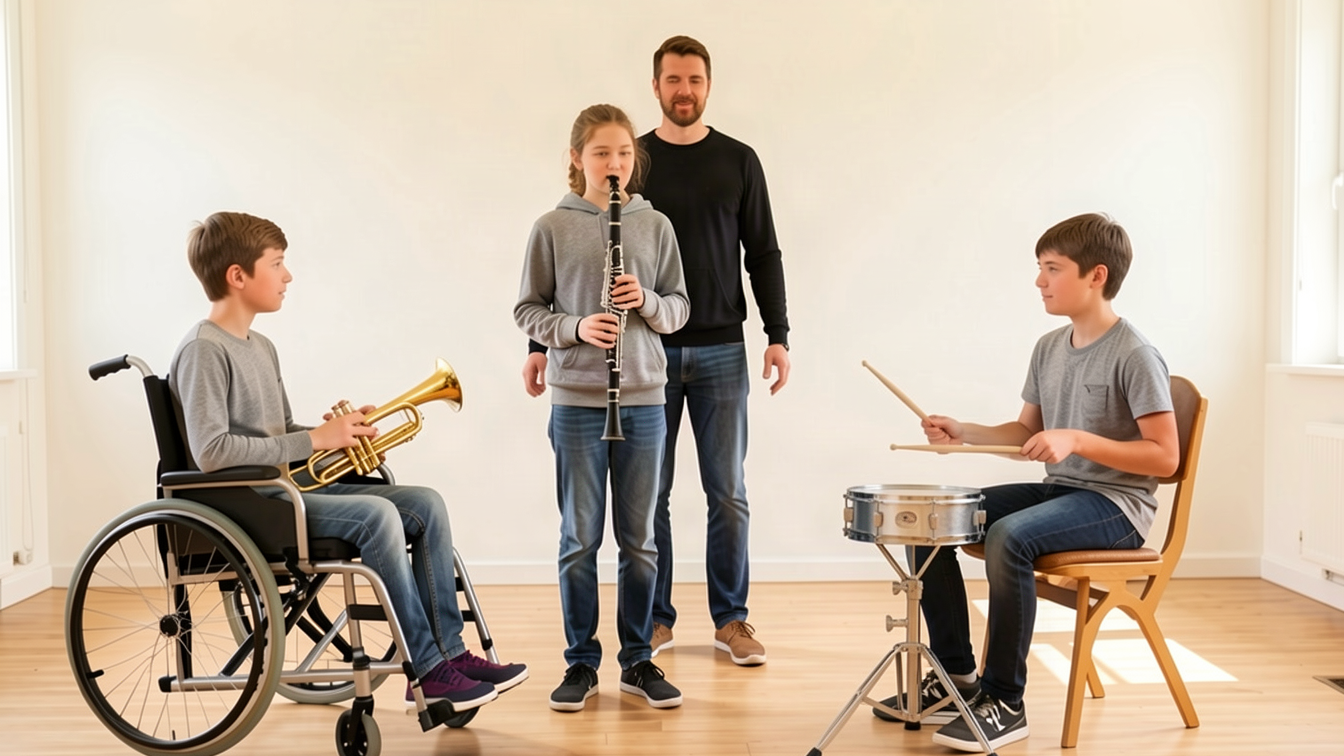 Barn og unge prøver ulike instrumenter med hjelp fra frivillige instruktører på en inkluderende instrumentdag
